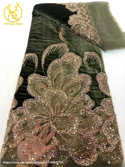 Luxury African Velvet Gold Beaded Sequins Lace Fabric 5 Yards Wine Red Groom Embroidery French Tulle Lace For Women Party Dress