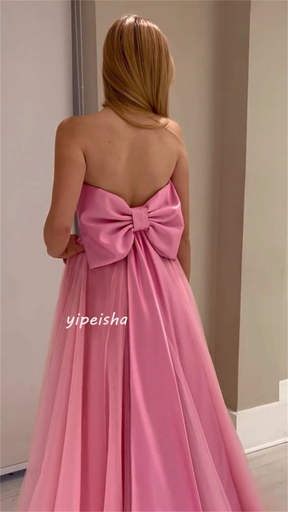 Customized Net Draped Sash Bow Graduation A-line Strapless Bespoke Occasion Gown Long Dresses