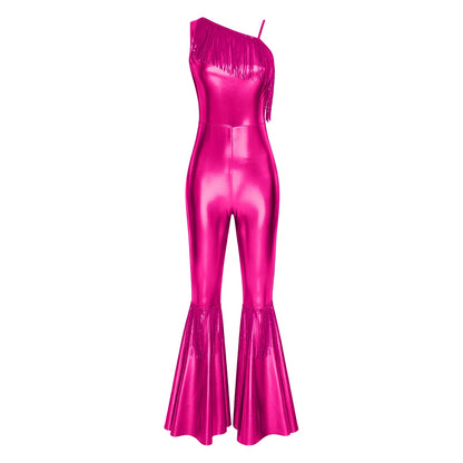 Womens Vintage 70s 80s Disco Dance Jumpsuit Sequin Tassels One Shoulder Hippie Bell Bottom Bodysuit Metallic Shiny Jazz Rompers
