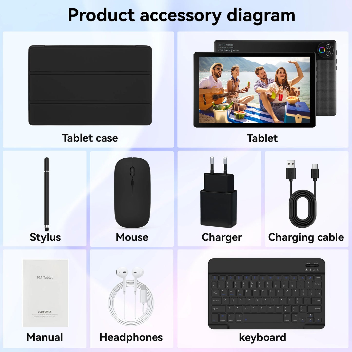 URAO Android 15 Tablet 10.1 Inch 20GB RAM 64GB ROM 5-core Dual Camera Tablets PC Set Keyboard/Case/Mouse/Stylus/Headphone