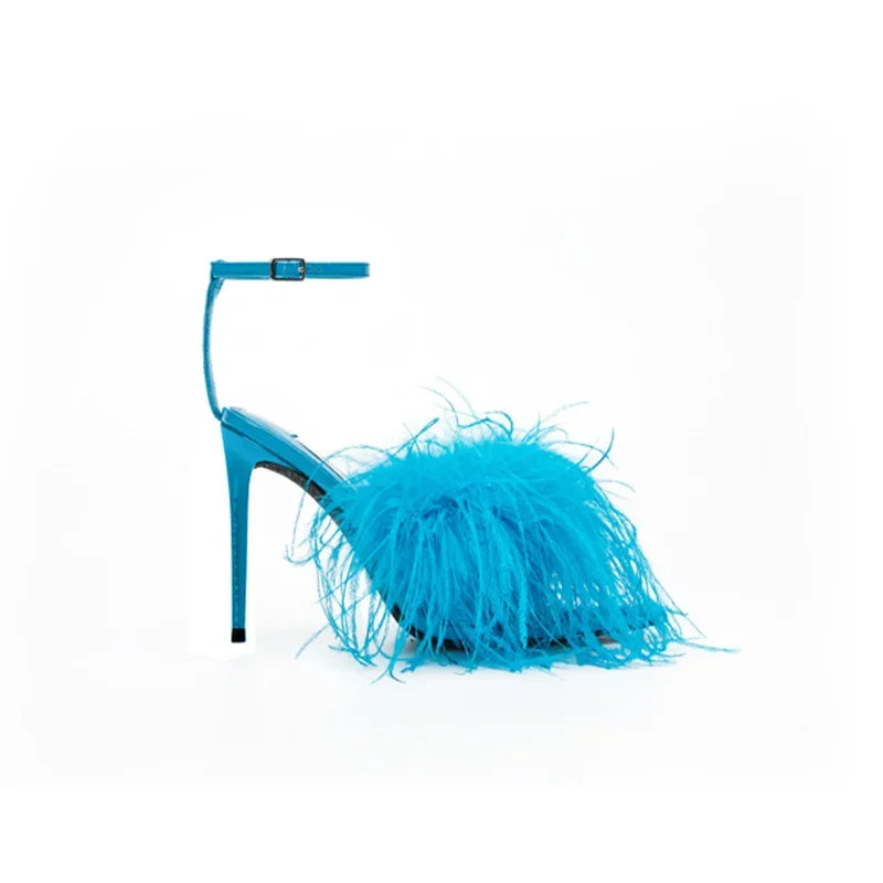 Spring Summer New Star Same Style Women's Blue Feather High Heels Versatile Strap Pointed Thin Heel Sandals
