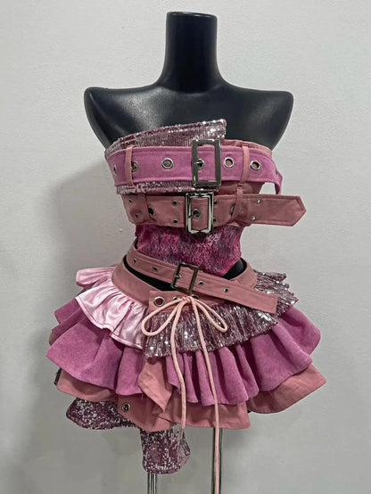 Y2K Style  Low Waist  Patchwork Sleeveless Halter Top Irregular pink Half Skirt Sexy Short Skirt kpop dance Outfit Lolita Set