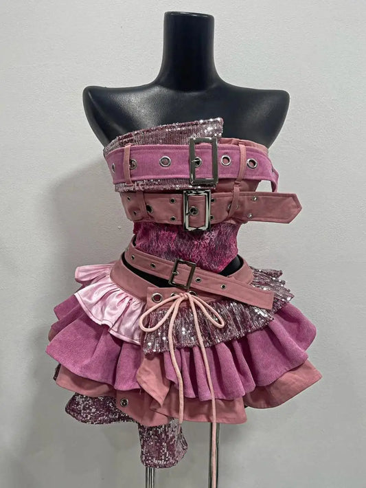 Y2K Style  Low Waist  Patchwork Sleeveless Halter Top Irregular pink Half Skirt Sexy Short Skirt kpop dance Outfit Lolita Set