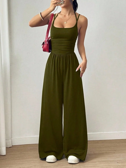 Women Halter Spaghetti Strap Jumpsuits Summer Casual Elastic High Waist Backless Wide Leg Long Pants Romper Club Party Overalls