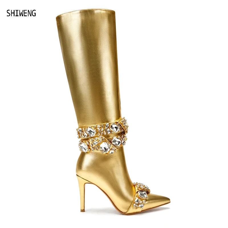 2025 Women's New Pointed Gold Crystal Buckle High Heel Slim Fit Boots Straight Tube Diamond Decoration Knee Long Boots 44