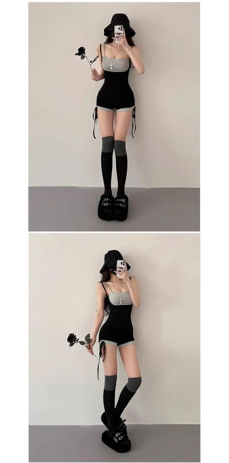 American Style Street Hot Girl Sexy Suspender Jumpsuit Shorts Color Blocked Fake Two-piece Design Sense Fitness Yoga Jumpsuit
