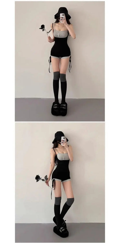 American Style Street Hot Girl Sexy Suspender Jumpsuit Shorts Color Blocked Fake Two-piece Design Sense Fitness Yoga Jumpsuit
