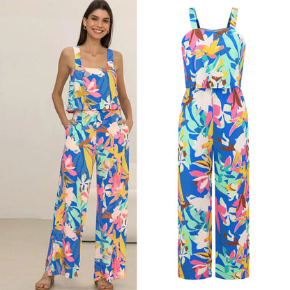 Printed Long Women Jumpsuit Casual Bohemian Wide Leg Jumpsuits Sleeveless Floral Rompers Summer Clothes For Woman 2024 New
