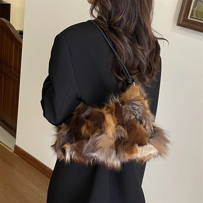 Winter Warm Fox Fur Shoulder Hobo Bags For Women Latest Luxury Designer Purses And Handbags Elegant Evening Bag For Dinner Party