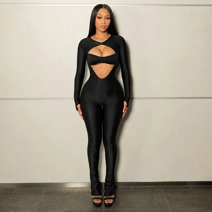 Joskaa Women Cutout Long Sleeve Jumpsuit with Tube Tops Sexy O-neck Back Zipper Thumb Hole Design Bodycon Rompers Party Clubwear