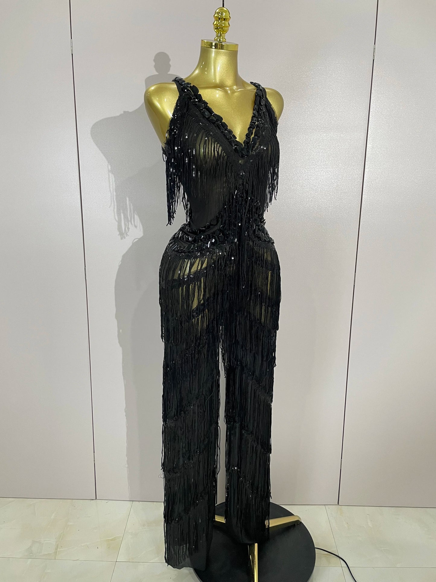 Sparkly Black Rhinestones Sequined Fringe Jumpsuit Women Sexy Nightclub Party Birthday Outfit Show Singer Stage Perform Costume