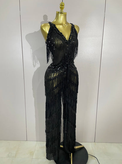 Sparkly Black Rhinestones Sequined Fringe Jumpsuit Women Sexy Nightclub Party Birthday Outfit Show Singer Stage Perform Costume