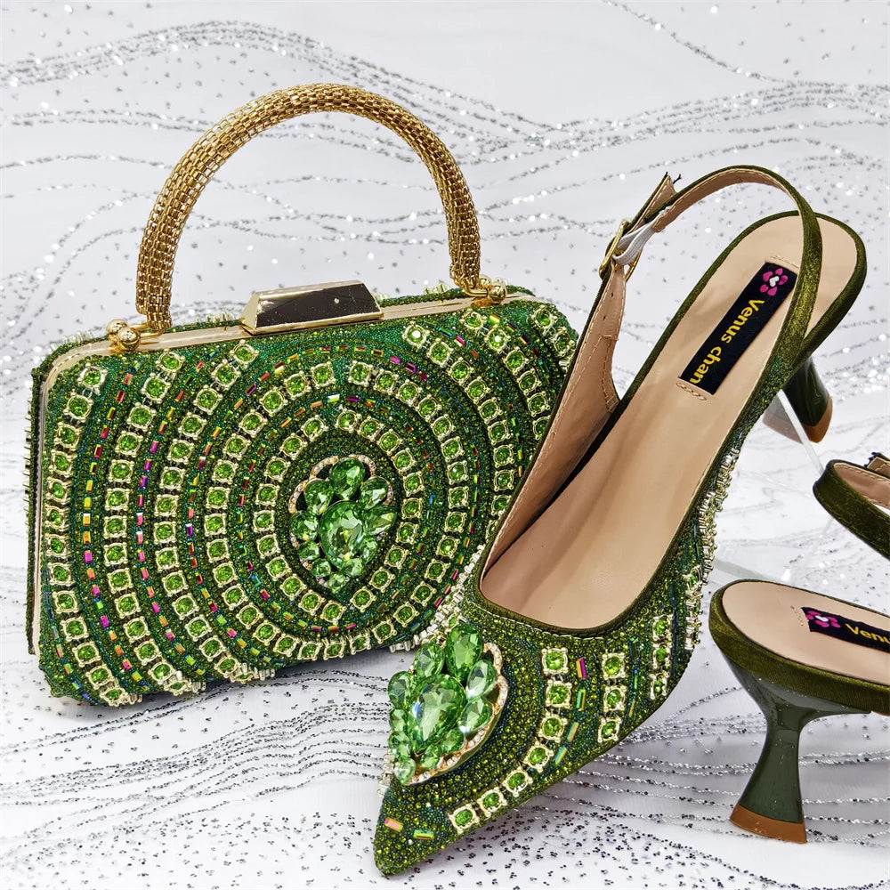 Venus Chan 2026 Olive Green Italian Butterfly Design Pointed Toe Slingback Sandals with Matching Bag - Elegant Set Perfect
