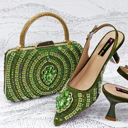 Venus Chan 2026 Olive Green Italian Butterfly Design Pointed Toe Slingback Sandals with Matching Bag - Elegant Set Perfect