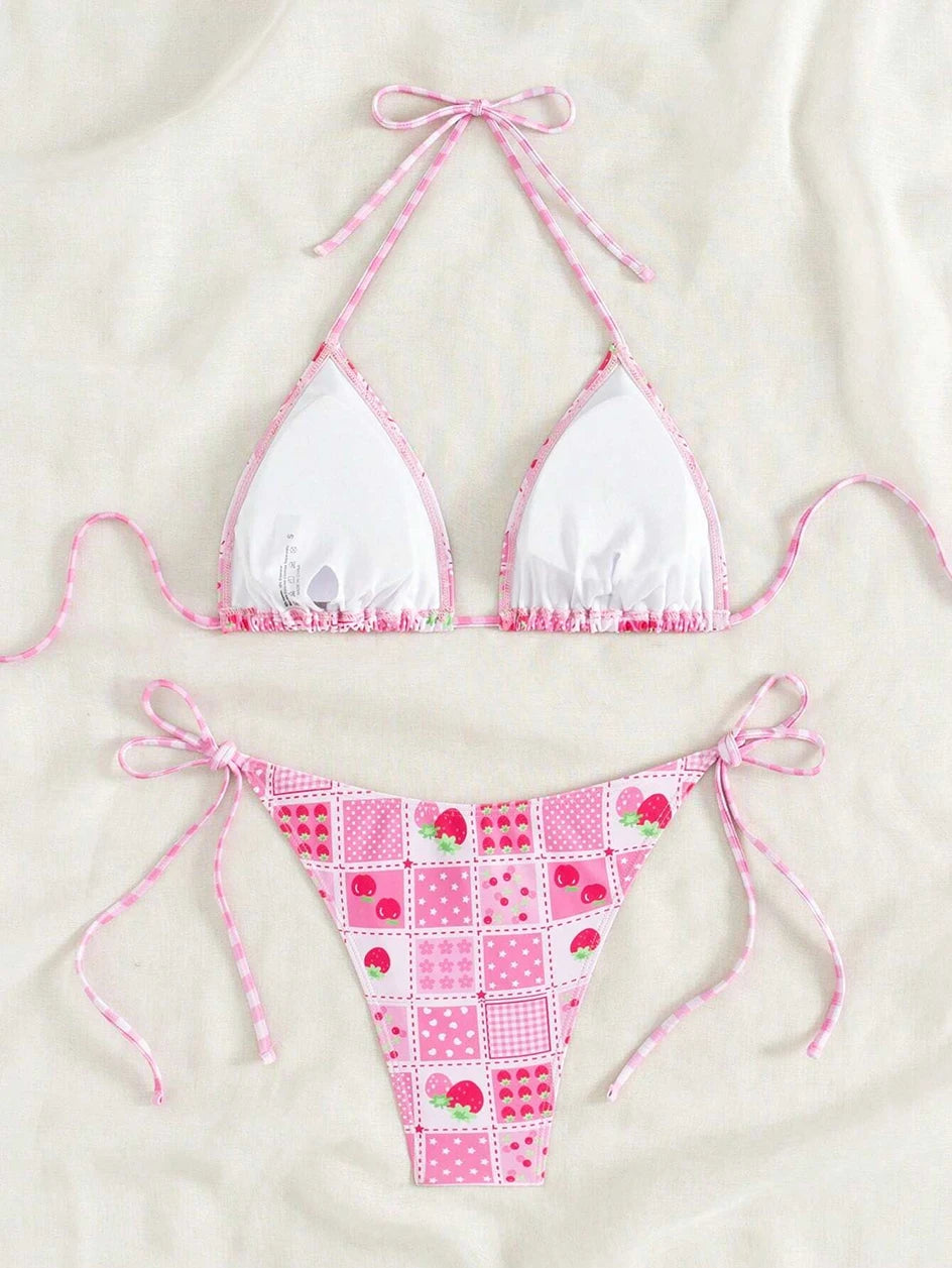 Swimsuit 2026 Female Micro Bikini Women Swimwear Summer Beachwear Women's Bathing Suit Floral Print Neck Halter Thong Bikini Set