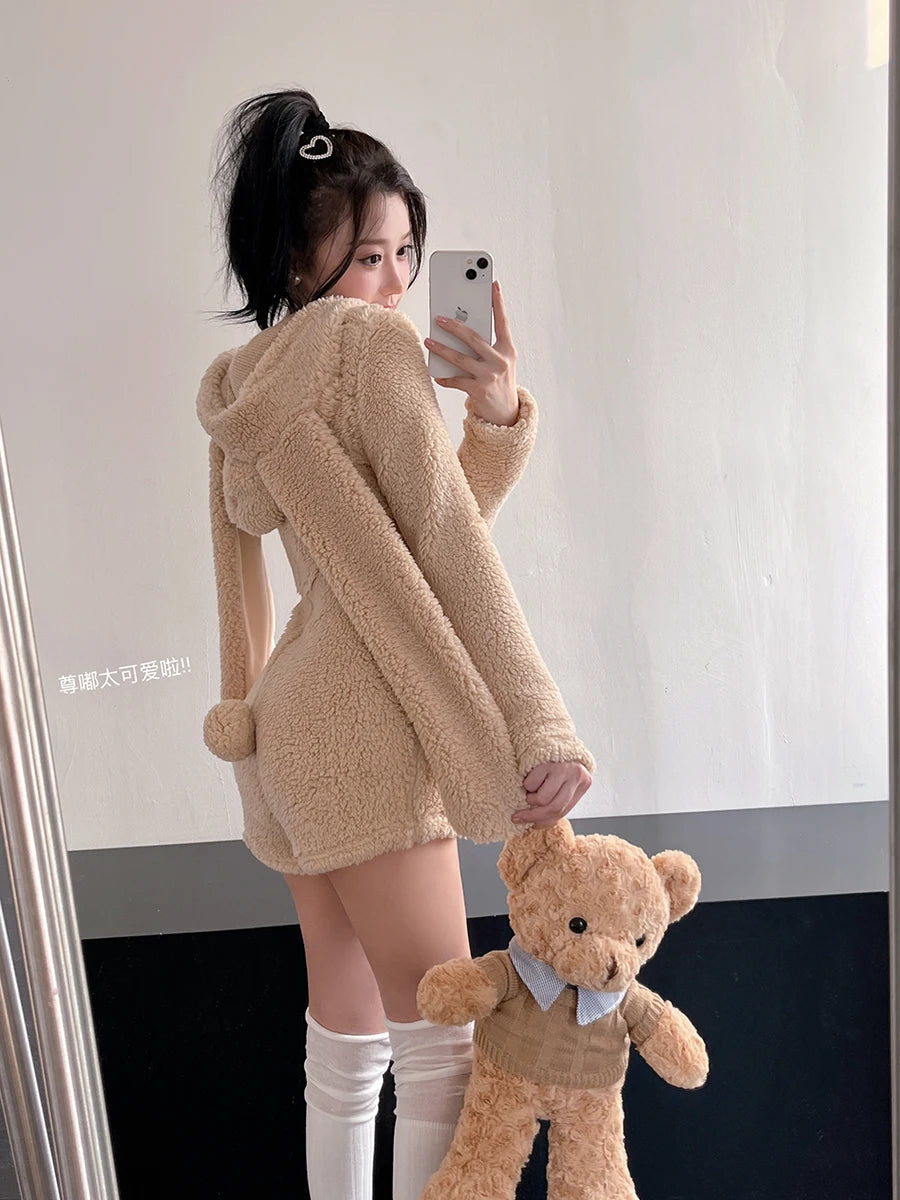 Pink Rabbit Hooded Fluffy Jumpsuits Sweet Zipper Long Sleeve Solid Color Rompers Flannel Onesie Shorts Pajamas Loungewear