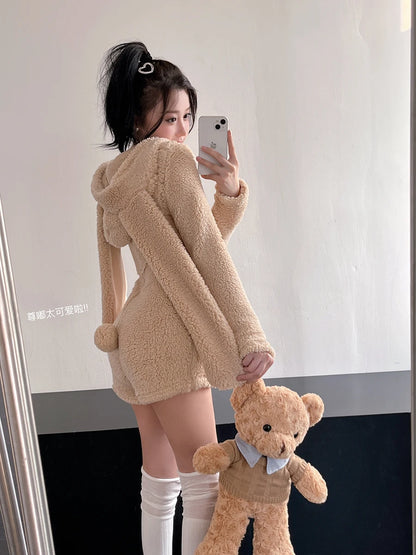 Pink Rabbit Hooded Fluffy Jumpsuits Sweet Zipper Long Sleeve Solid Color Rompers Flannel Onesie Shorts Pajamas Loungewear