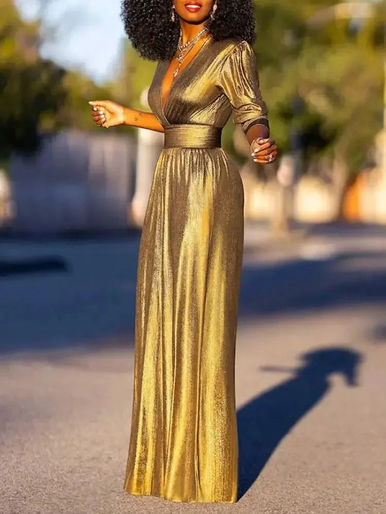 Uoozee Female Fashion Sexy Deep V-neck High Waisted Wide Leg Jumpsuits 2025 New Long Sleeves Solid Color Loose Party Outfits