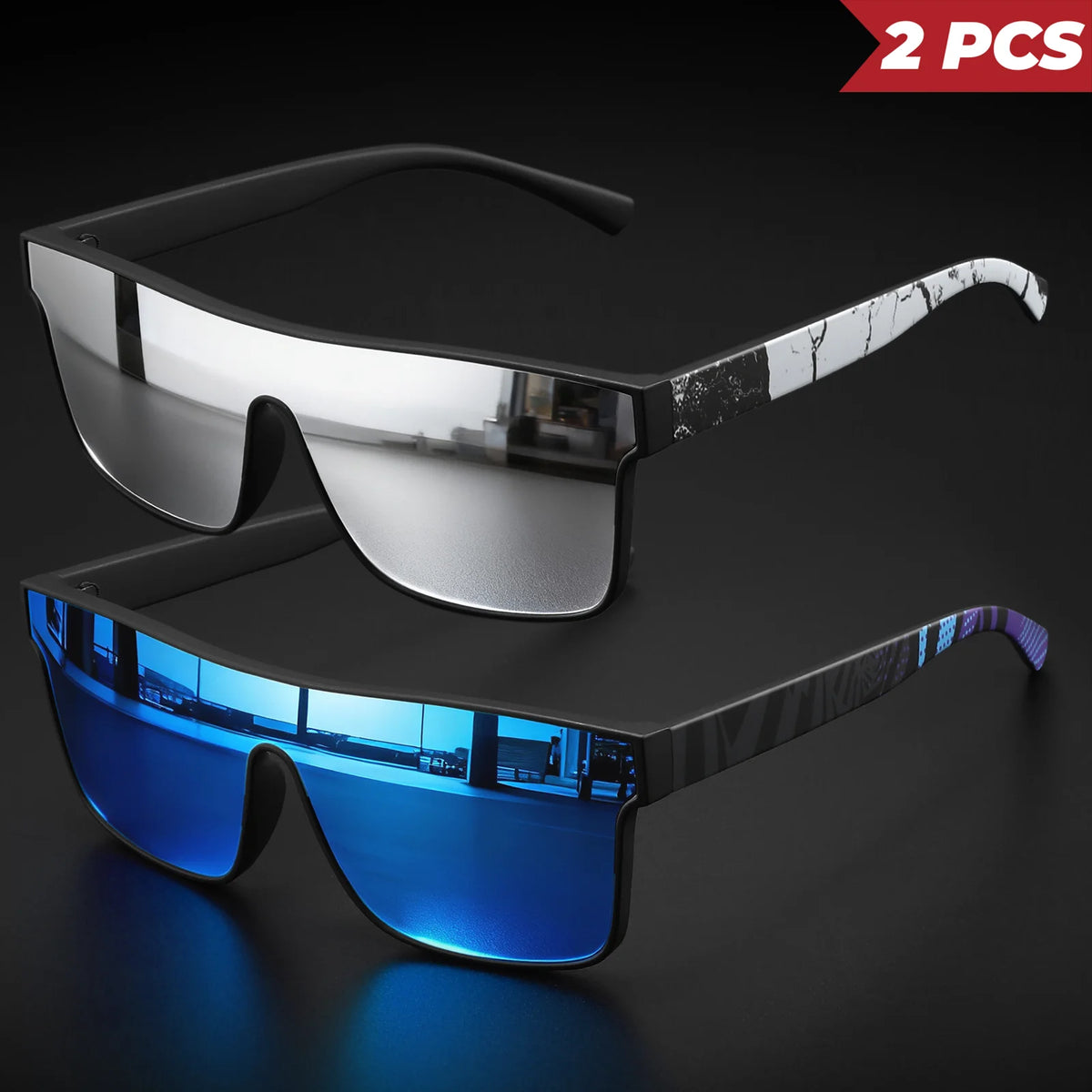 2PCS Classic Fashion Square Sunglasses - Patterned Temples, UV400 Unisex for Cycling, Running & Travel