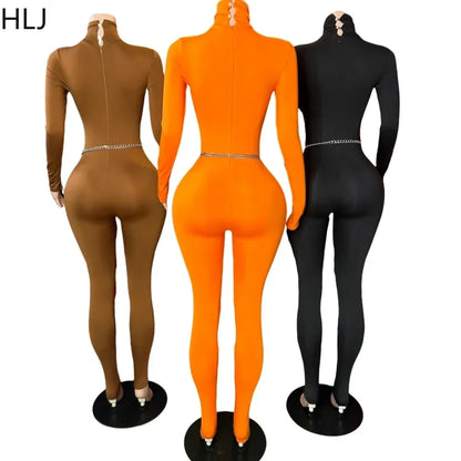 HLJ&GG Spring New Casual Solid Color Sporty One Piece Jumpsuits Women Turtleneck Long Sleeve Bodycon Playsuits Female Overalls