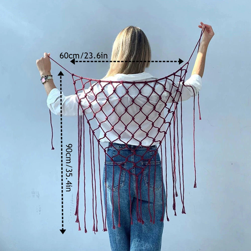 Bohemian Bikini Cover Up Skirt Netted Fringe Scarf Shawl Decorative Tassel Ethnic Handwoven Mesh Tassel Waistband Butt Curtain