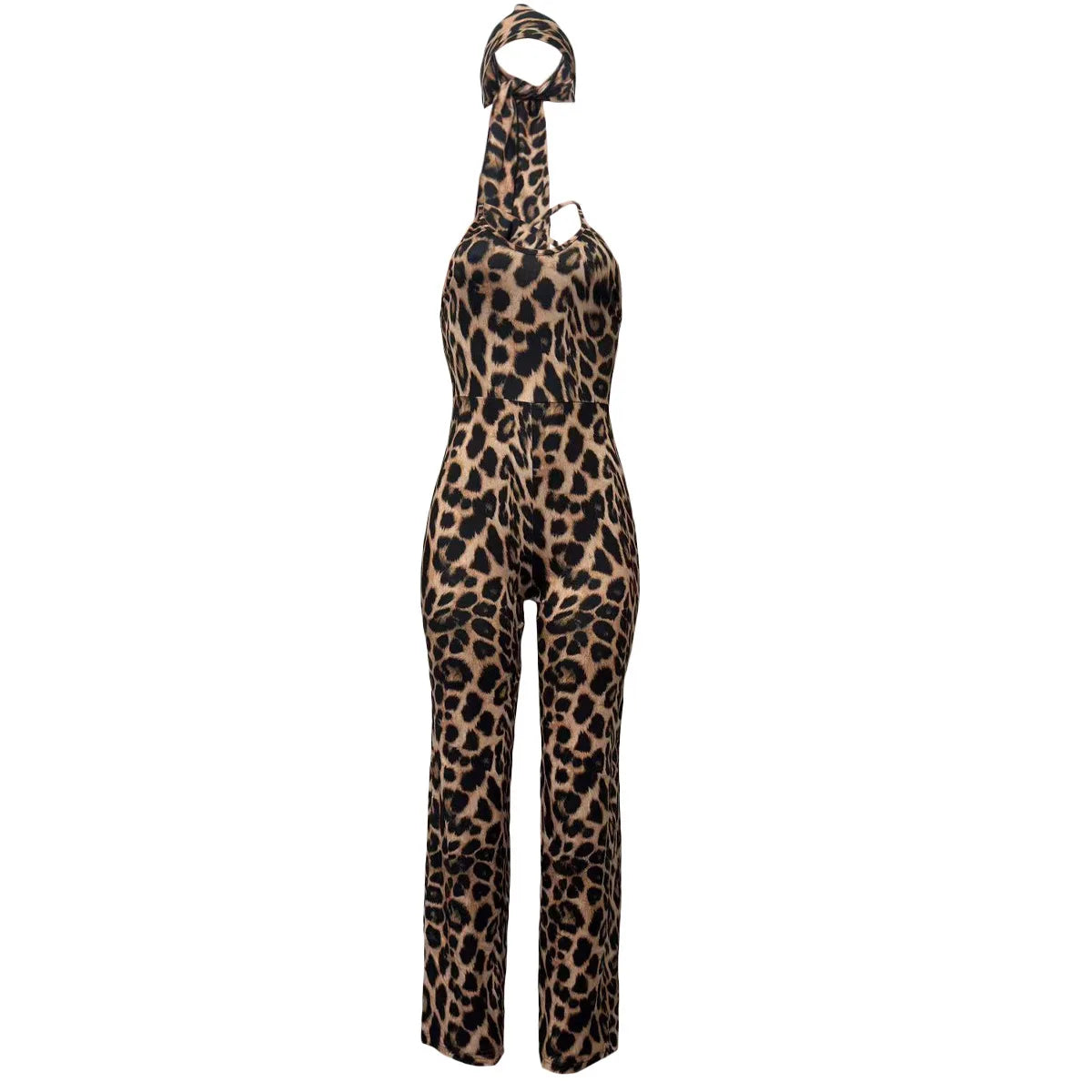 HLJ Sexy Leopard Print Bodycon Jumpsuits Women Thin Strap Sleeveless V Neck Wide Leg Pants Playsuit Female Overall With Scarf