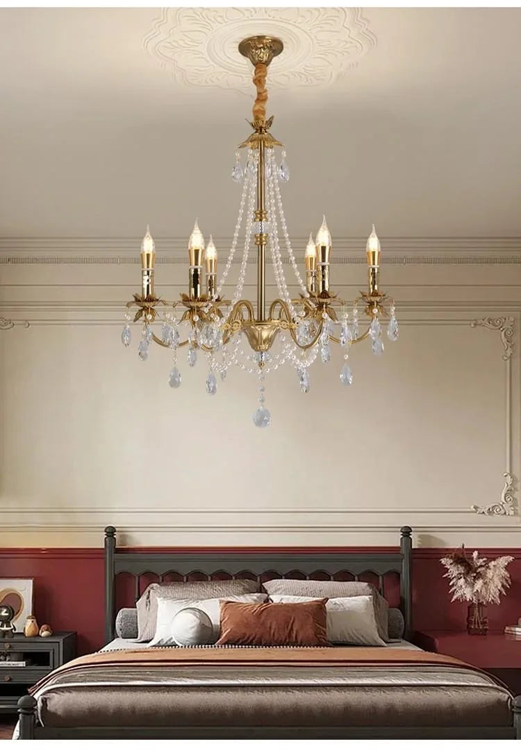 American Luxury Candle E14 Chandelier Living Room Lustre Crystal Hanging Lamp Copper Suspend Lamp Led Luminarias Decor Lamparas