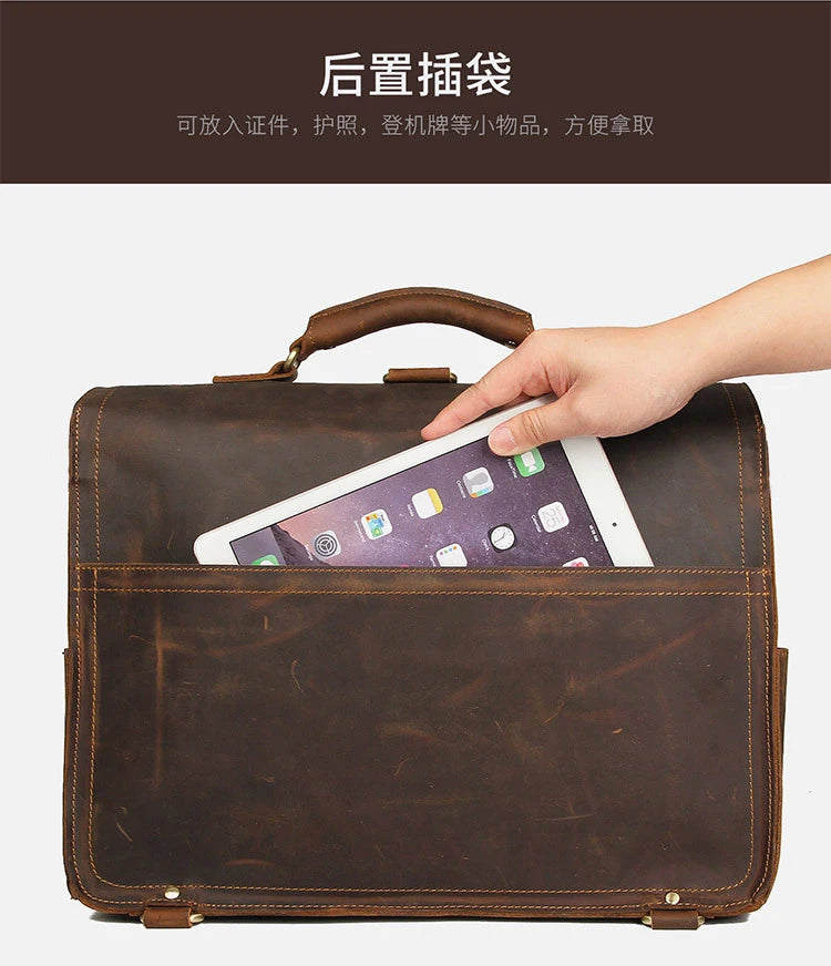 Vintage Crazy Horse Genuine Leather Men Briefcase Large Business Bag Tote Office Bag 15.6“Laptop Case Attache Male Shoulder Bag