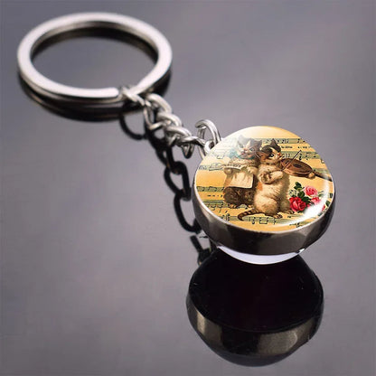 Animals Cute Keychain Cat Dog Bear Peacock Rabbit Squirrel Phoenix Double Side Glass Ball Pendant Keyring Jewelry Key Chain Gift
