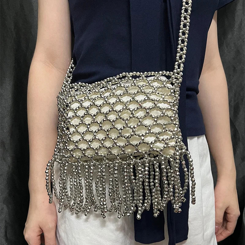 New European and American retro tassel handmade bead woven bag, niche, simple, versatile, single shoulder crossbody bag