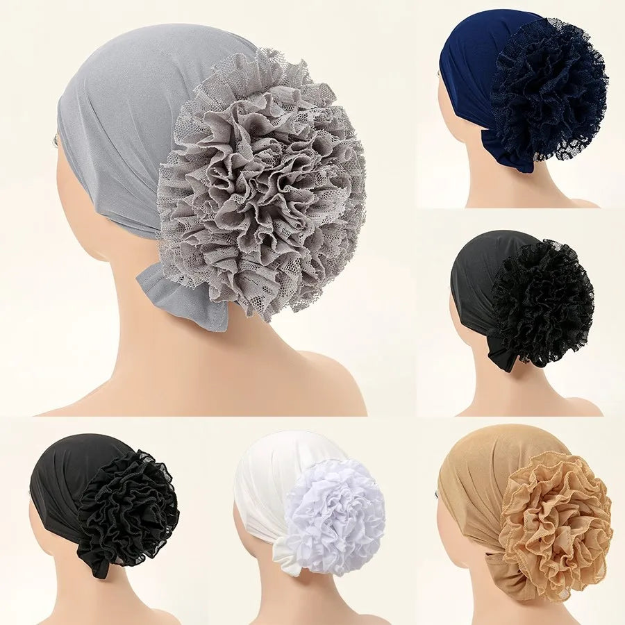 Muslim Under Hijab Cap Big Lace Flower Volumizer Scrunchie Muslim Inner Hijab Islamic  Turban Headwear Female Bonnet Accessories