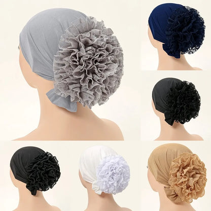 Muslim Under Hijab Cap Big Lace Flower Volumizer Scrunchie Muslim Inner Hijab Islamic  Turban Headwear Female Bonnet Accessories