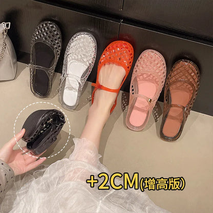 Women's Light Luxury Crystal Jelly Mary Jane Flat Sandals Hollow-out Breathable Closed Toe Summer Casual Non-slip Slip-on Shoes