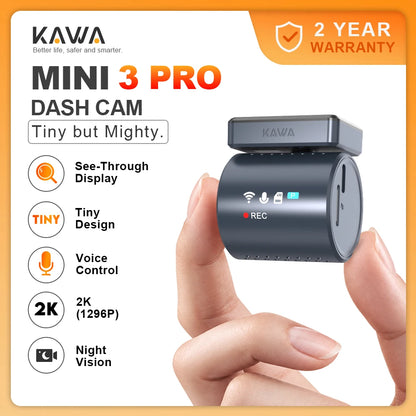 KAWA Dash Cam MINI 3 Pro Tiny 2K See-Through Display Voice Control 24/7 Parking Monitoring Night Vision Supercapacitor Car DVR