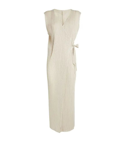 Miyake Pleated Women V-neck Sleeveless Jam Jumpsuits Designer Fashion Double Layered Waist Belt Elegant Clothes