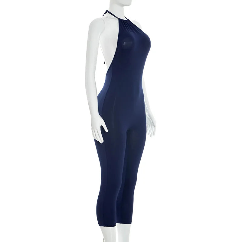 FAGADOER Sexy Solid Color Bodycon Jumpsuits Women Halter Sleeveless Backless Elasticity Romper Female Streetwear Overalls 2026