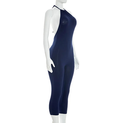 FAGADOER Sexy Solid Color Bodycon Jumpsuits Women Halter Sleeveless Backless Elasticity Romper Female Streetwear Overalls 2026