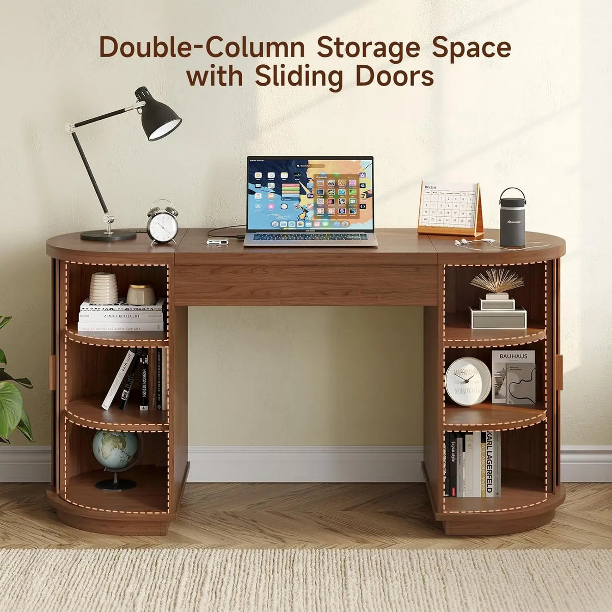 59 Inch Lift Top Office Desk with USB Charging Ports & Storage, Mid-Century Modern Fluted Curved Computer Study Desk with Adjustable Height for Home Office
