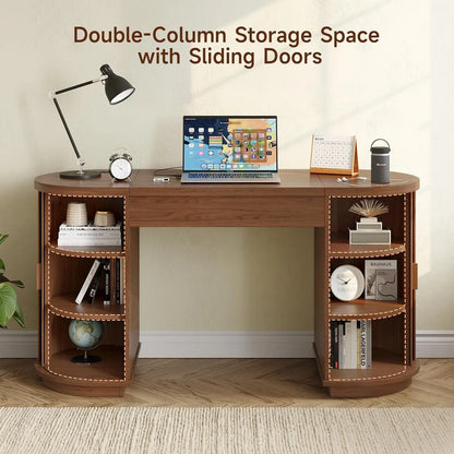 59 Inch Lift Top Office Desk with USB Charging Ports & Storage, Mid-Century Modern Fluted Curved Computer Study Desk with Adjustable Height for Home Office