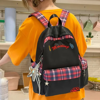 Preppy Style Blue Backpack for Girls, Plaid Spliced School Bag, Cute Nylon Daypack Star Pendant, Large Capacity Student Rucksack