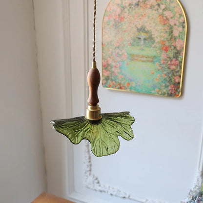IWHD Home Decor LED Pendant Lights Kitchen Restaurant Copper Socket Flower Green Glass  Nordic Modern Walnut Wood Hanging Lamp