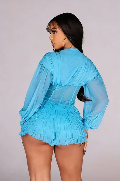 Boho Summer Mesh Casual Playsuit Sexy Women V-neck Elegant Night Club Ruffles Romper Overalls