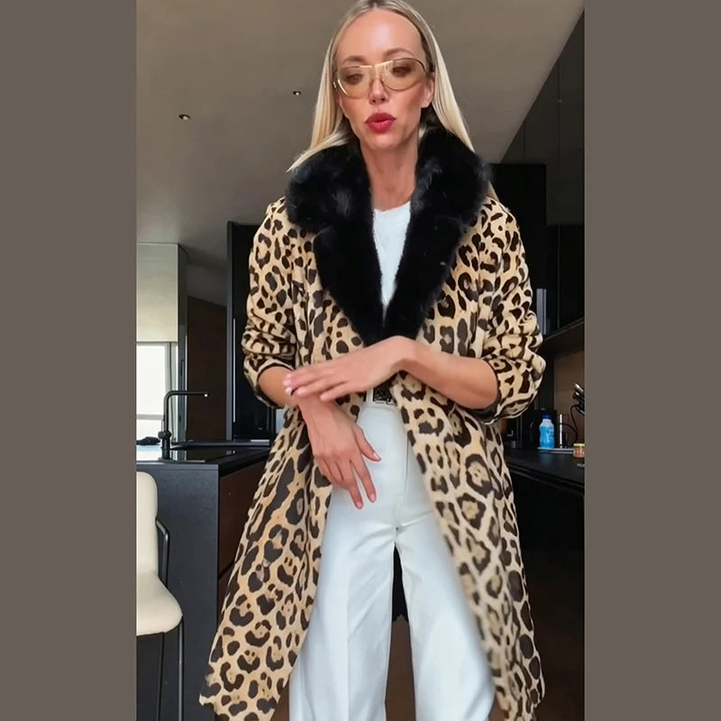 Vintage Leopard Print Coat Women Faux Fur Trim Collar Long Sleeve Loose Mid-length Warm Jacket Club Street Ladies Outerwear