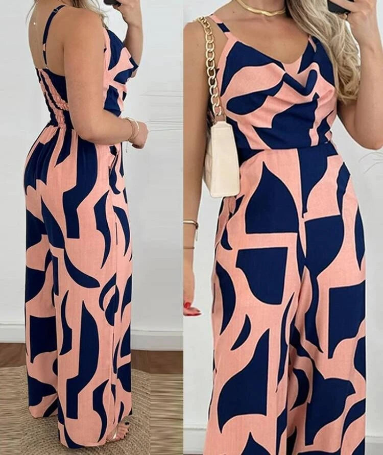 Women's Jumpsuit 2024 Summer Fashion Print Temperament Commuting Elegant Overalls Sleeveless V-neck Open Back Wide Leg Jumpsuits