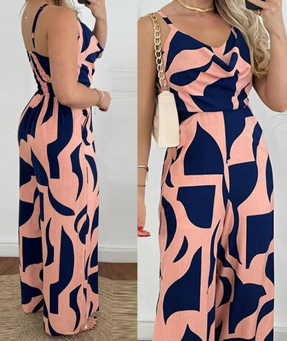 Women's Jumpsuit 2024 Summer Fashion Print Temperament Commuting Elegant Overalls Sleeveless V-neck Open Back Wide Leg Jumpsuits