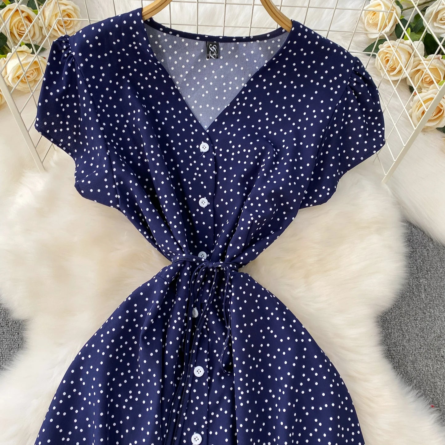 Summer Women Polka Dot Long Dress Vintage V-Neck Flying Sleeve High Waist Single Breasted A-Line Casual Vestidos Female Robe New