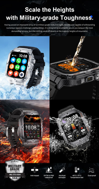 New Men's Smart Watch LED Flashlight waterproof Outdoor Sports Watch Health Monitoring Fitness tracker Suitable for IOS Android