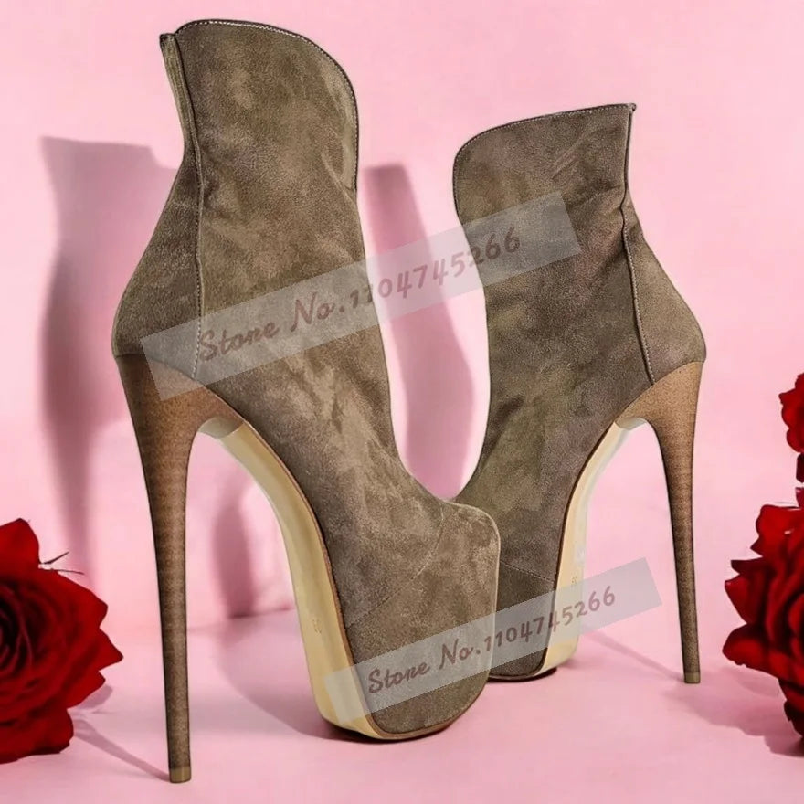 Wooden Stripe Pattern Stiletto Heel Ankle Boots Brown Suede Denim Platform Short Booties Elegant Fall Winter Outside Dress Shoes
