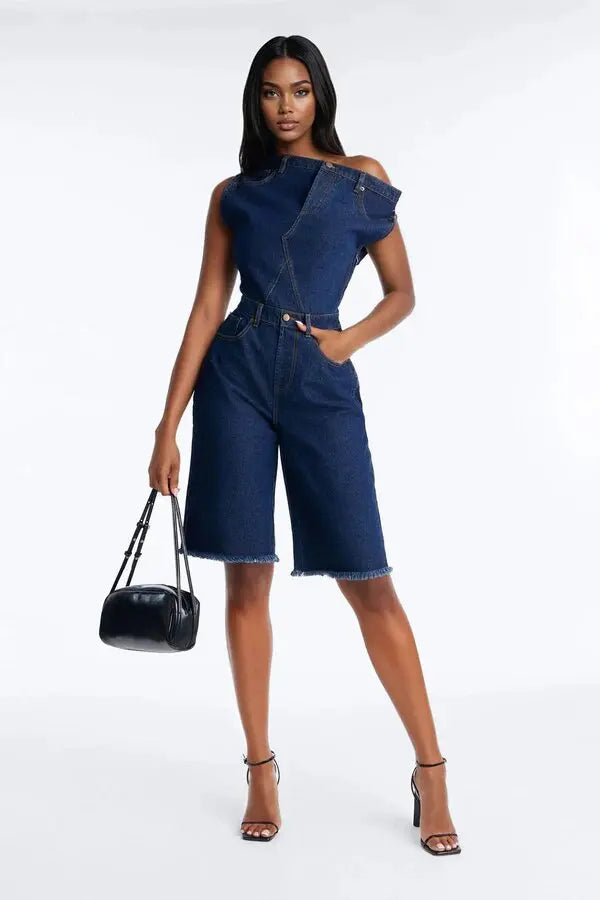 Jumpsuits Women Denim One Piece Short Sleeve Overalls Knee Length Pants Tight Waist Rompers Y2k Streetwear Slash Neck 2026