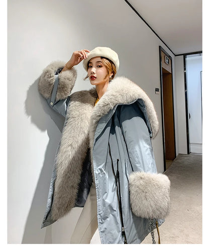 2024 New Warm Waterproof Long Parka Winter Jacket Women Real Fur Coat Natural Fox Fur Collar Hood Warm Streetwear Detachable